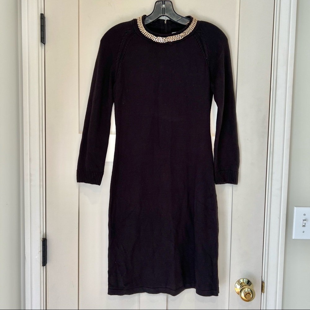 CALVIN KLEIN BLACK SWEATER DRESS WITH GOLD COLLAR CHAIN DETAIL